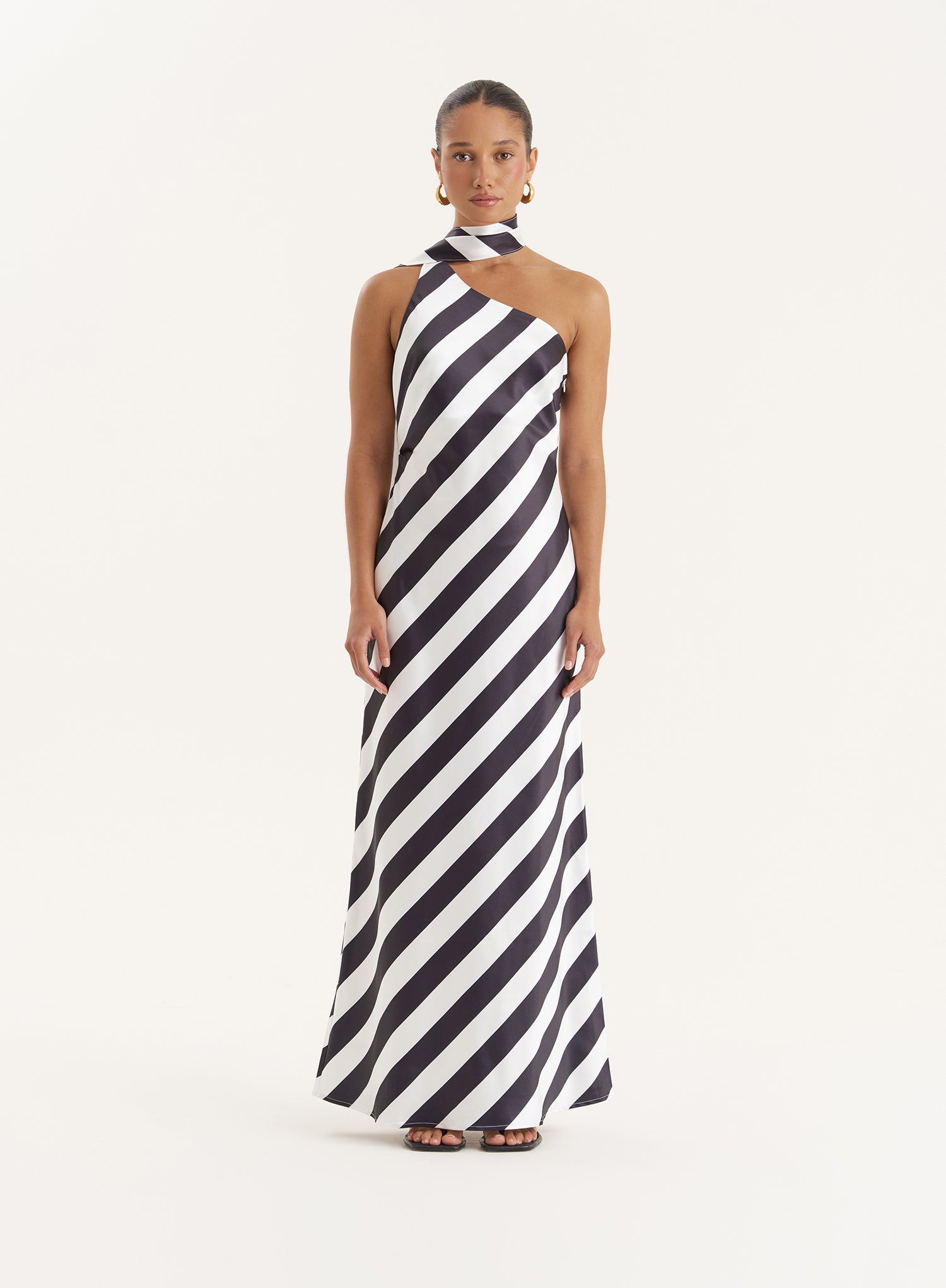Stripe Print Satin One Shoulder Maxi Dress
